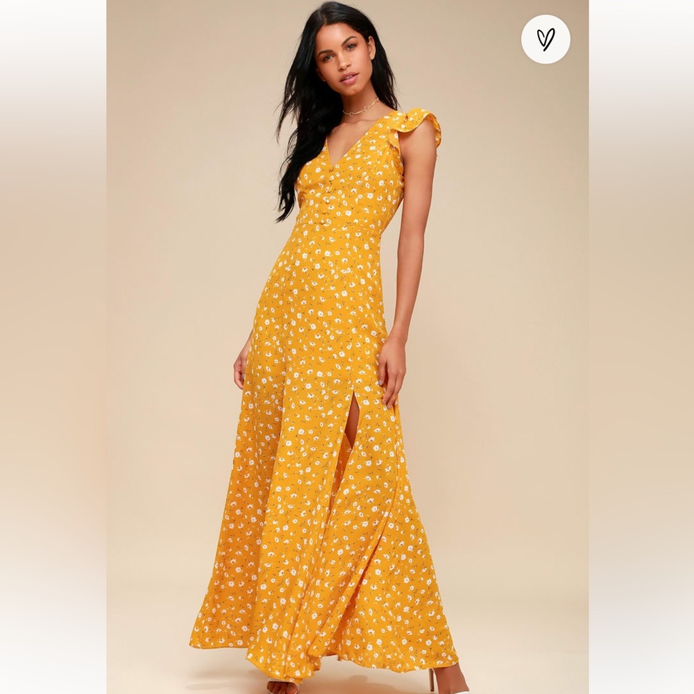 Lulu’s Yellow Floral Print Backless Maxi Dress